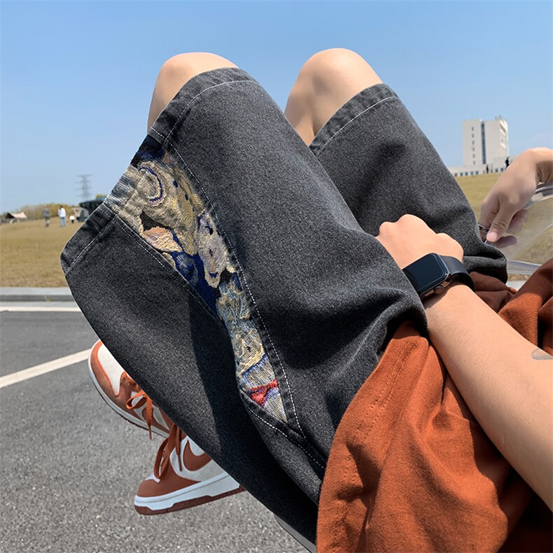 牛仔短裤男夏季港风高街水洗拼接五分裤子潮流insXD22963-P45,男装牛仔裤,电商A042