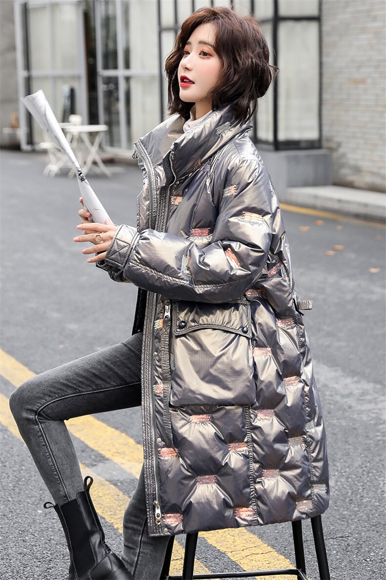 亮皮羽绒服女2020冬季新款韩版时尚亮面炫彩羽绒衣防寒外套中长款,女装羽绒服,素月