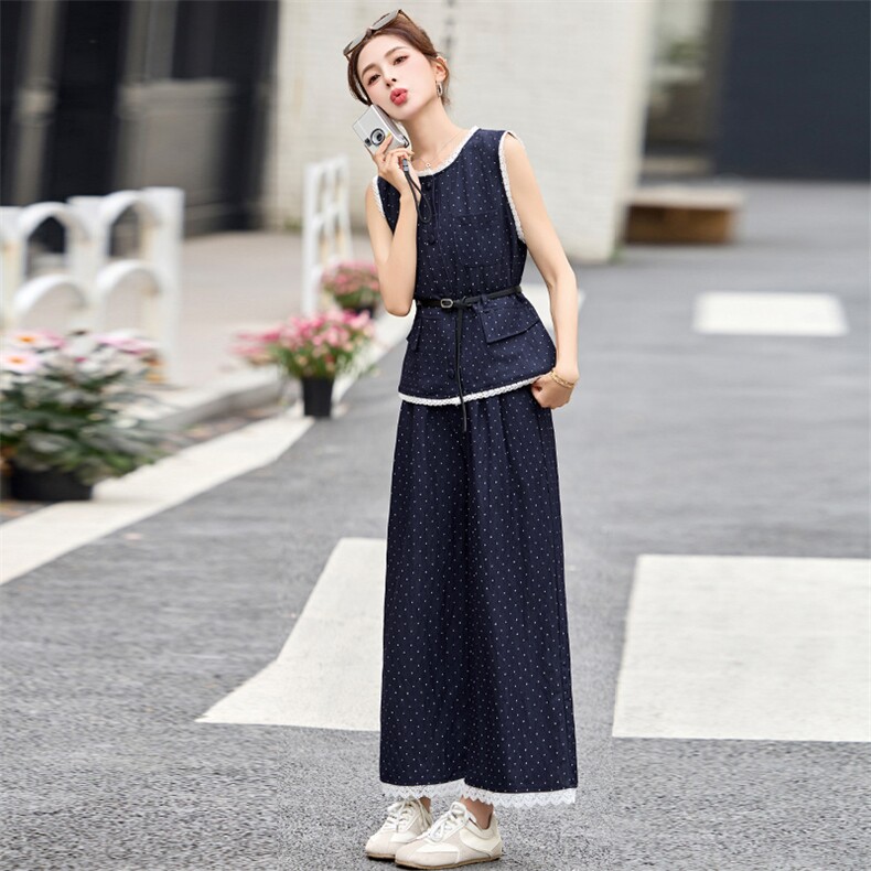 蕾丝花边拼接波点套装裤女2025夏季新款无袖马甲背心阔腿裤两件套,女装套装/套裙,沁沁公主