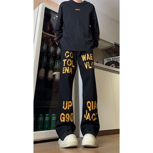 现货 美式高街斑驳黄色字母宽松直筒牛仔裤男 K5818-P50 控68图片