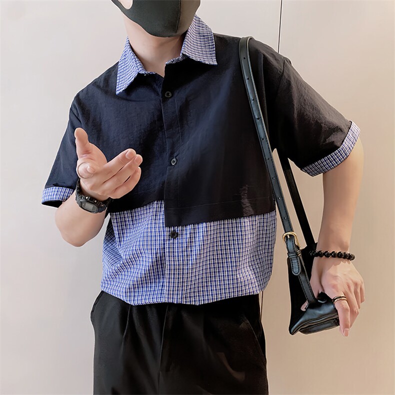 S84/P58控88夏季小伙设计感小众不规则拼接格纹休闲衬衫男黑首1,男装衬衫,星座305B