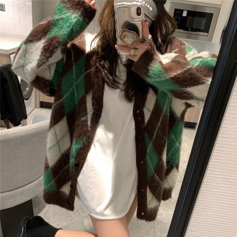 现货秋冬菱格大开衫三色，其它，XTZ style