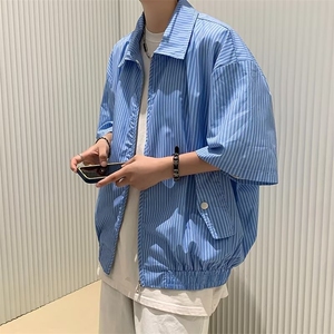 复古蓝白条夏季搭配感男短袖衬衫外套男女宽松休闲上衣CS114 P40图片