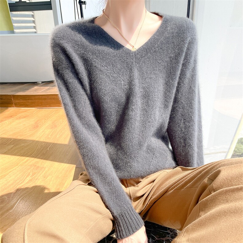 25秋冬V领100%羊毛衫女长袖提花镂空套头毛衣宽松羊绒针织打底衫,女装羊毛衫,暮绒羊羊绒