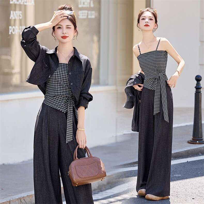 2025年秋季新款格子吊带牛仔外套套装女慵懒休闲裤三件套，女装套装/套裙，曼娅璐