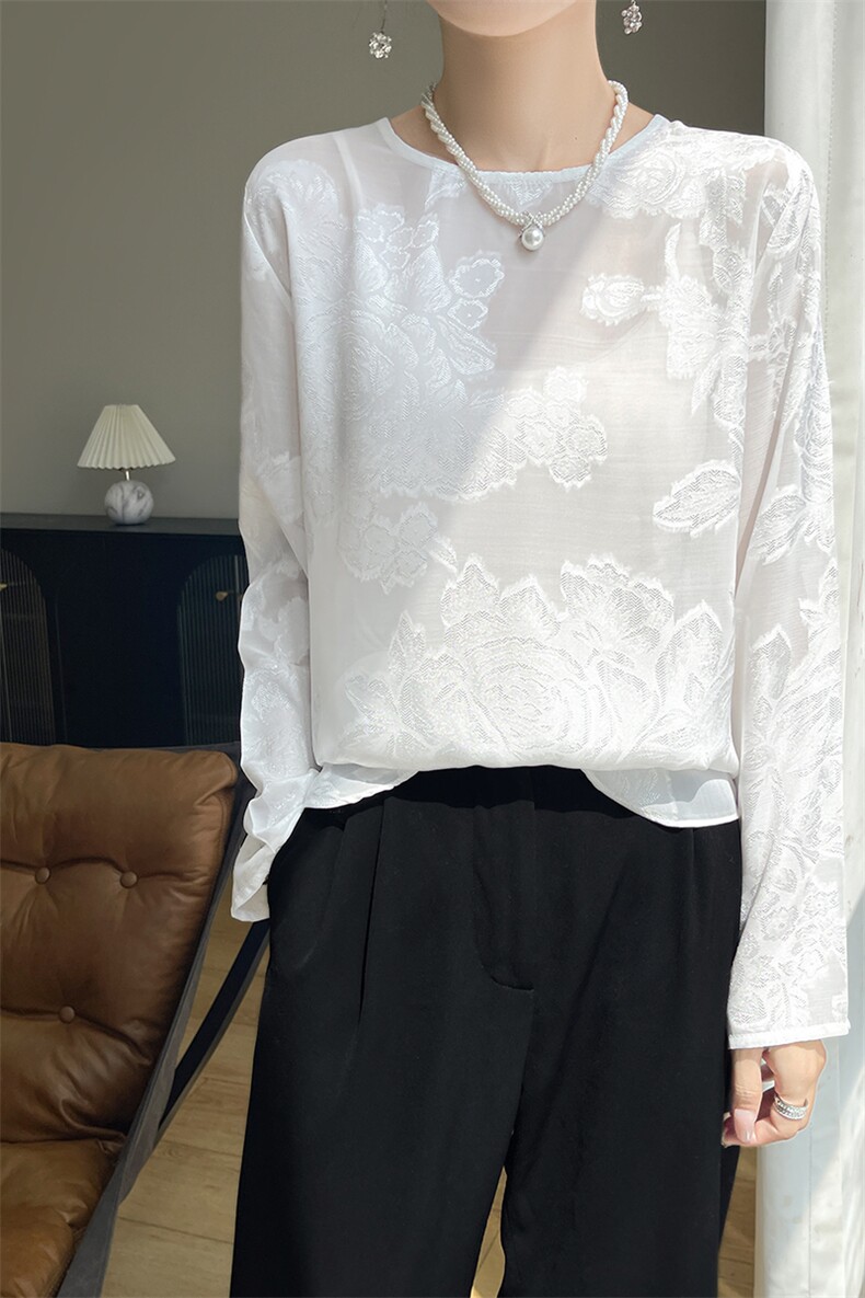 时尚中式缎面小衫防晒衫女长袖提花罩衫薄款上衣空调衫夏季慵懒风,女装蕾丝衫/雪纺衫,羊特美羊绒