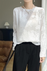 时尚中式缎面小衫防晒衫女长袖提花罩衫薄款上衣空调衫夏季慵懒风，女装蕾丝衫/雪纺衫，羊特美羊绒