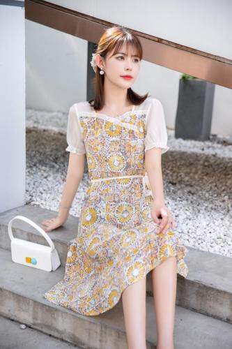 夏季新款韩版花色淑女气质连衣裙，女装连衣裙，水锦红