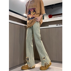 春夏黄泥美式vibe裤高街黑色破洞微喇直筒毛边牛仔裤男K890-P55，男装牛仔裤，星座205
