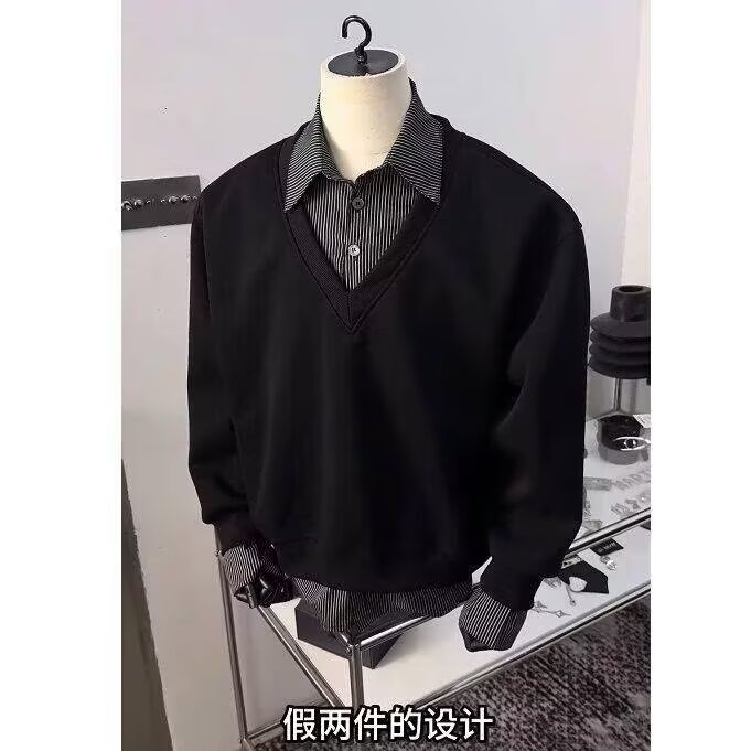 W11067-P48 网图现货 春季新款假两件拼接长袖卫衣Polo领上衣图片