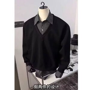 W11067-P48 网图现货 春季新款假两件拼接长袖卫衣Polo领上衣图片