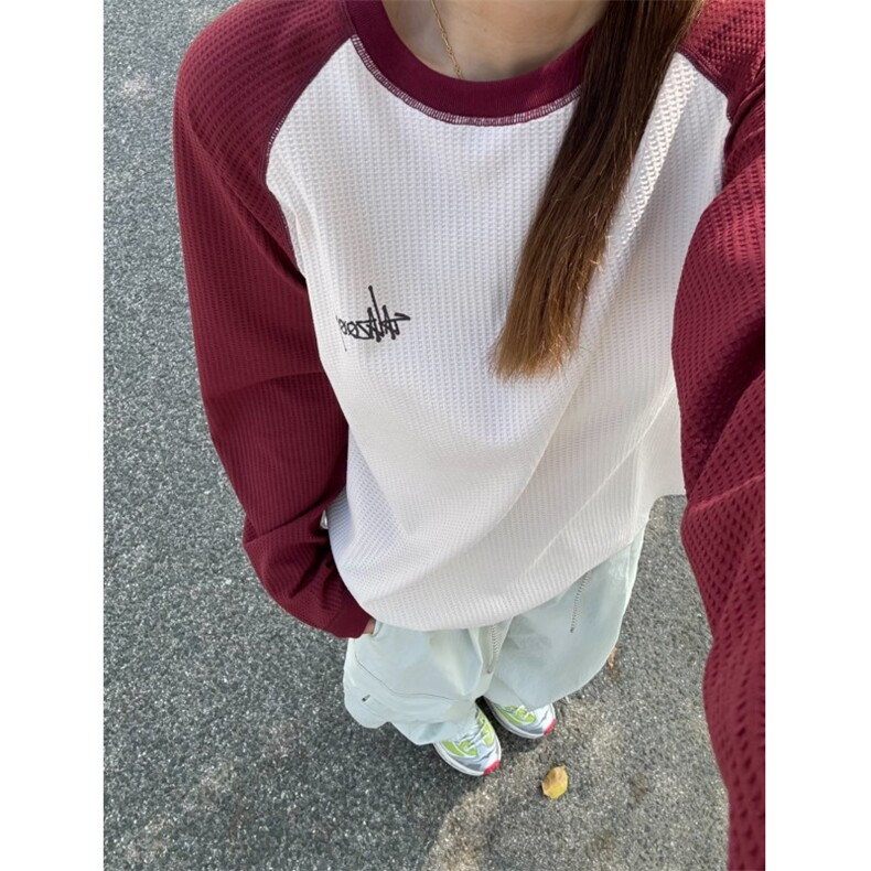 DD328P48日潮美式校园撞色插肩拼色男女圆领华夫格打底长袖T恤,男装T恤,电商B323A