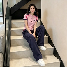 轻奢洋气时尚套装女夏新款条纹拼接半开领短袖上衣阔腿长裤两件套，女装套装/套裙，江南