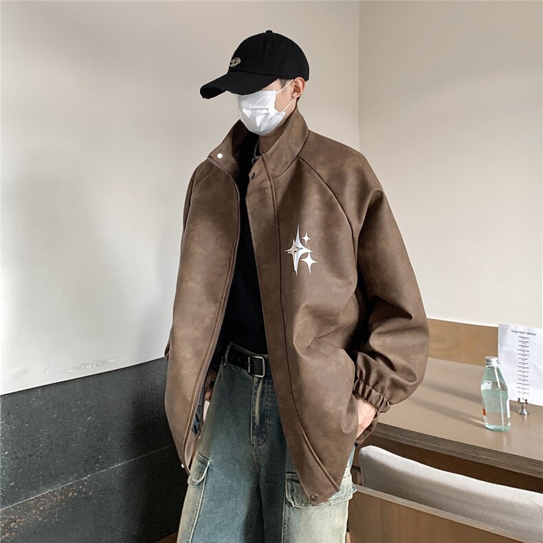 2025港风PU皮复古做旧可拆卸四芒星胸针设计夹克JK77757P90控128，男装夹克，星座227-7