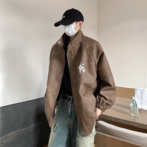2025港风PU皮复古做旧可拆卸四芒星胸针设计夹克JK77757P90控128,男装夹克,星座227-7