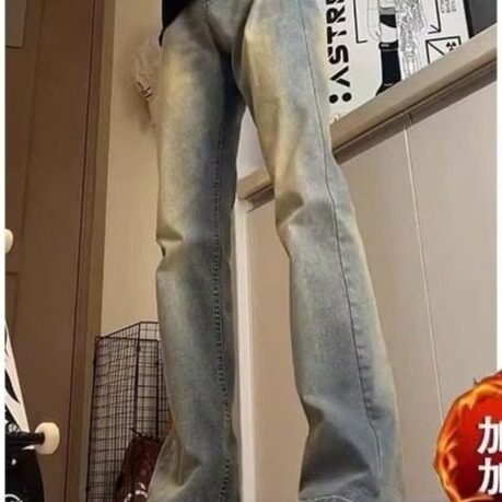 高腰复古蓝牛仔裤男秋冬款美式高街裤子高个子加绒直筒微喇裤图片