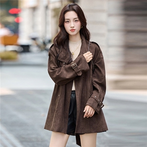鹿皮绒外套女2025秋季新款宽松休闲风衣高级感杭州意法中长款大衣图片