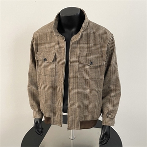小香风千鸟格短宽夹克男复古小众高级感哈灵顿立领外套图片