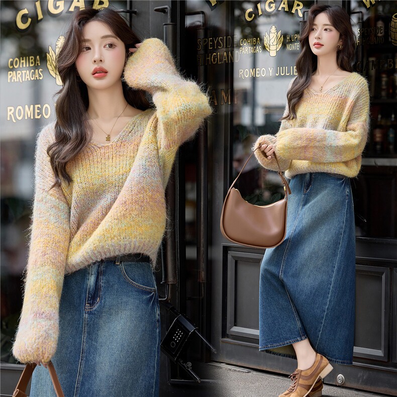 现货！V领套头针织衫时尚女毛衣2025秋季新款宽松好看设计感毛衣，女装针织衫/毛衣，韩宇舍