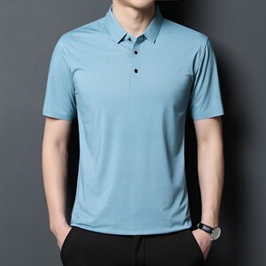 新款男装中年翻领带扣polo衫短袖上衣商务休闲宽松男条纹半袖P55图片