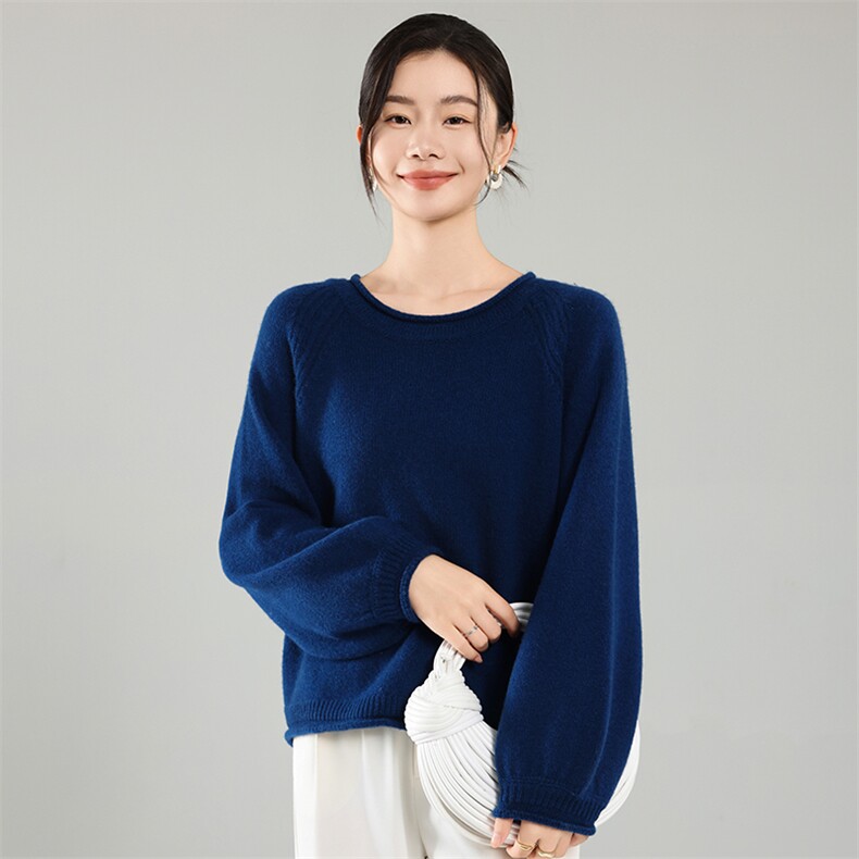 欧货衫女加厚卷边圆领宽松慵懒风针织外穿毛衣羊毛打底衫,女装羊毛衫,挚尚羊绒