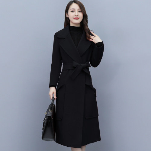 时尚简约大方系带欧版全羊毛长款大口袋双面羊绒大衣,女装毛呢外套,媚琳依坊