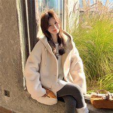 2C085-Q127P220K328连帽中长款羊羔毛外套，女装短外套，2C085