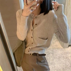春秋韩版时尚小香风外搭上衣修身显瘦圆领针织短款开衫，女装针织衫/毛衣，恩泰羊绒