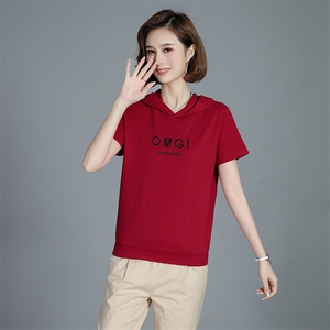 连帽短袖T恤女2021年夏季新款宽松大码女装女士纯棉体恤上衣图片