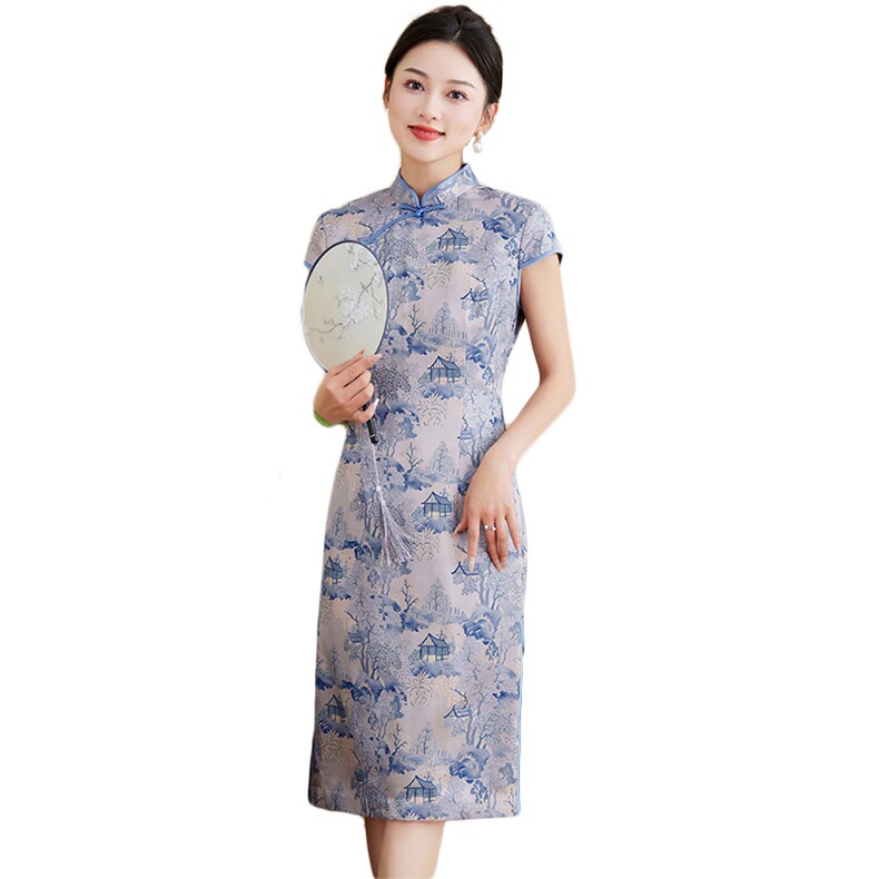 宋锦真丝旗袍2025新款大牌奢华粉色提花连衣裙复古日常减龄国风,女装汉服/婚纱/旗袍/礼服,媚琳依坊