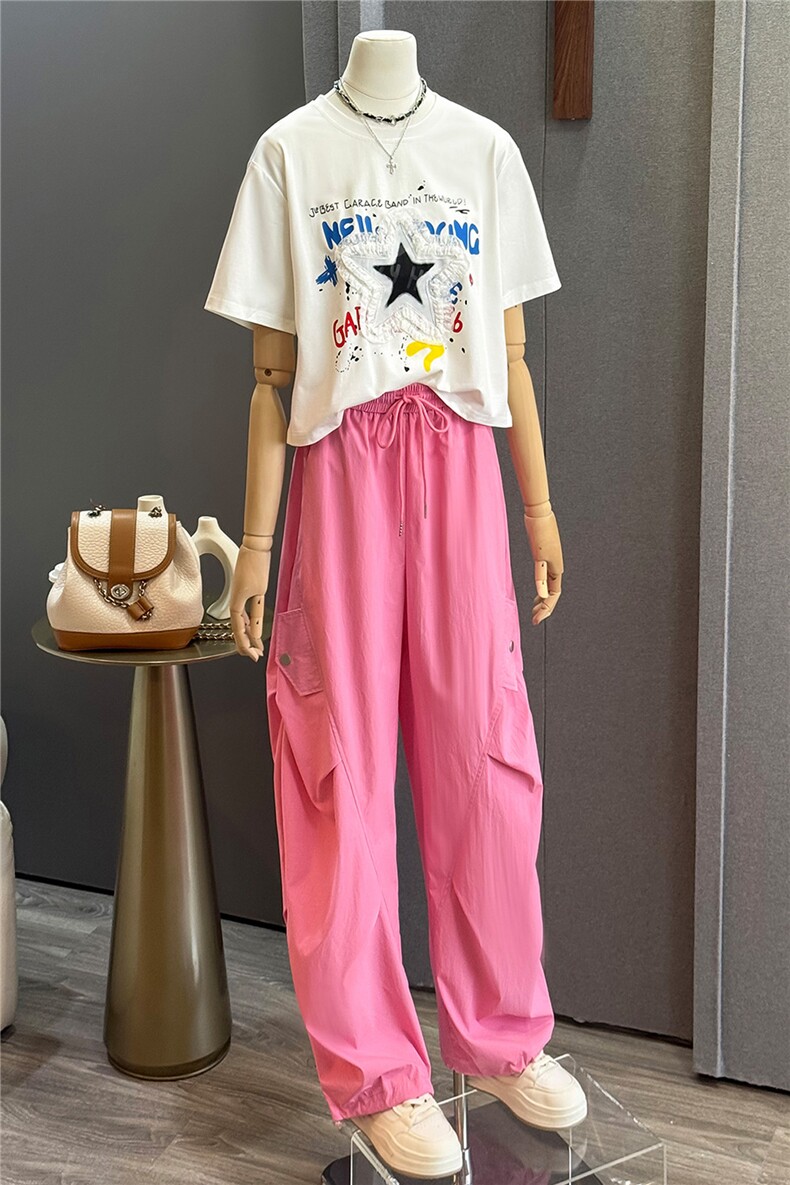 高级感时尚潮流套装女夏新款宽松圆领星星印花上衣工装长裤两件套,女装套装/套裙,江南