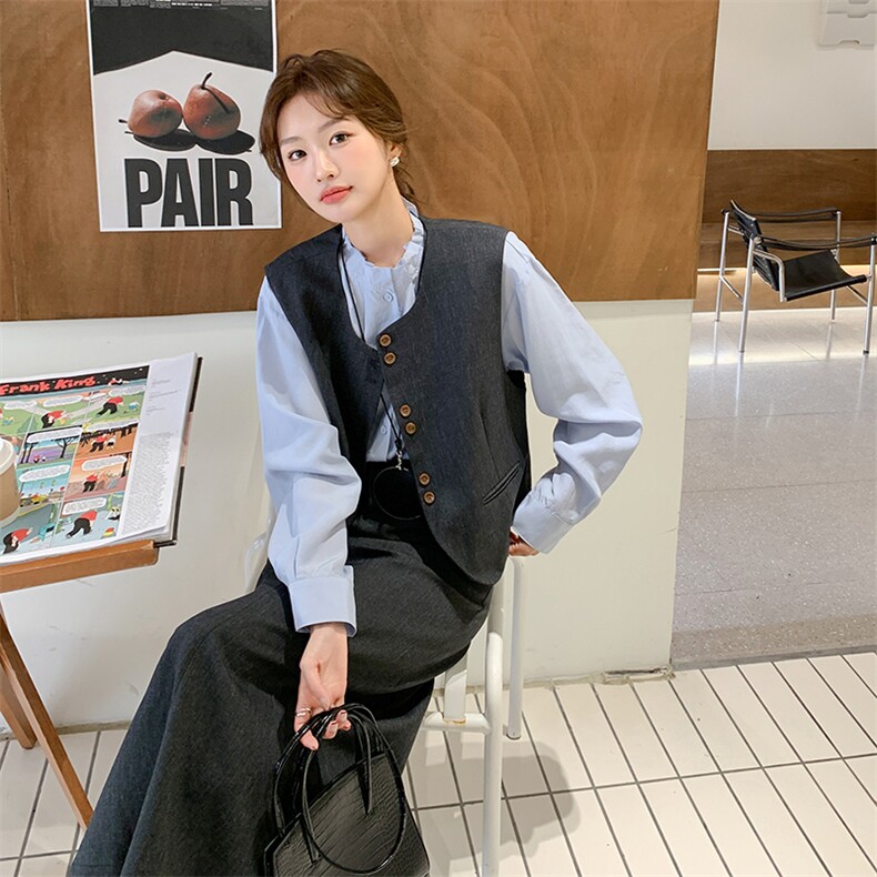 2025春季时尚新款韩系甜美减龄纯色打底衫藏蓝色马甲阔腿裤三件套,女装套装/套裙,2C305