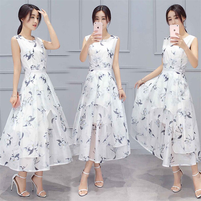 无袖花纹时尚圆领夏季中腰松紧腰雪纺大摆裙2024年夏季淑女，女装连衣裙，火爆靓佳人