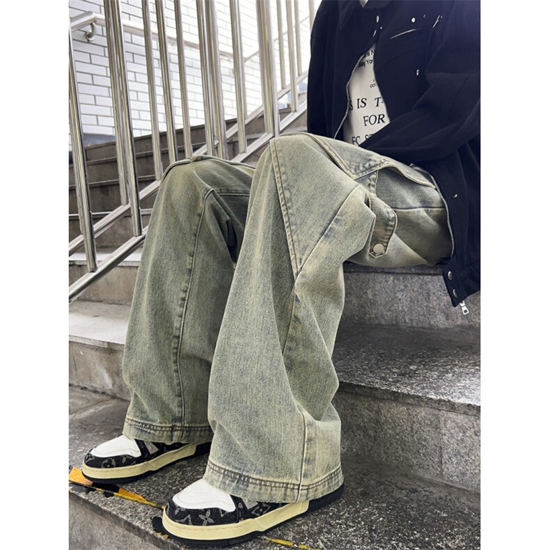 美式水洗阔腿牛仔裤男秋冬设计感风高街痞帅直筒长裤N08101-P55图片
