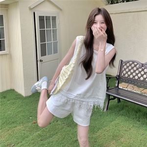 白色休闲简约流苏无袖背心套装女2025夏小个子时尚减龄短裤两件套图片