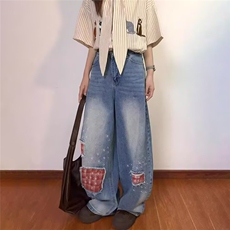 大码胖mm美式复古格子拼接牛仔裤女夏季设计感小众高腰阔腿拖地裤，男装牛仔裤，星座1210-1