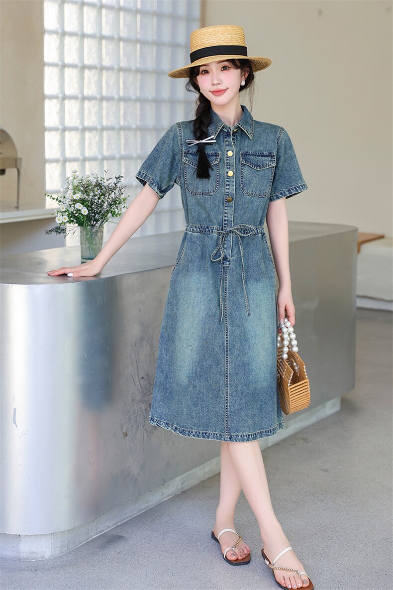 现货跑量收腰牛仔连衣裙女2024年夏季小个子高腰a字长裙子潮,女装连衣裙,江南女神