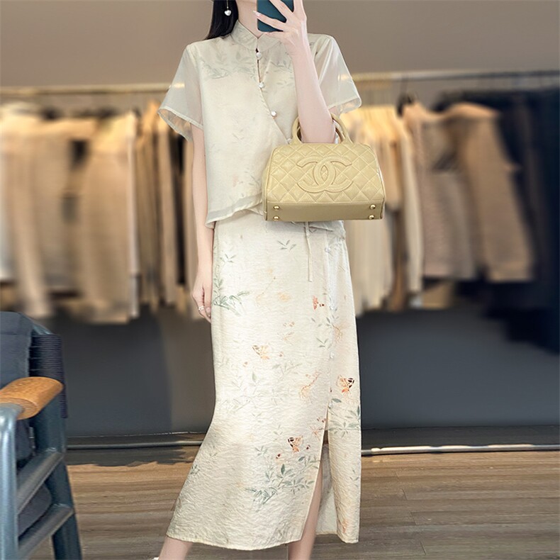 夏季真丝缎面套装女印花宽松两件套中国风时尚半身裙桑蚕丝上衣,女装套装/套裙,佳绒高端店