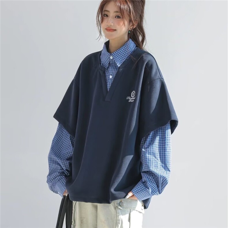 2026新款复古学院风假两件衬衫男女春季潮牌宽松情侣长袖卫衣外套，男装衬衫，星座715-4