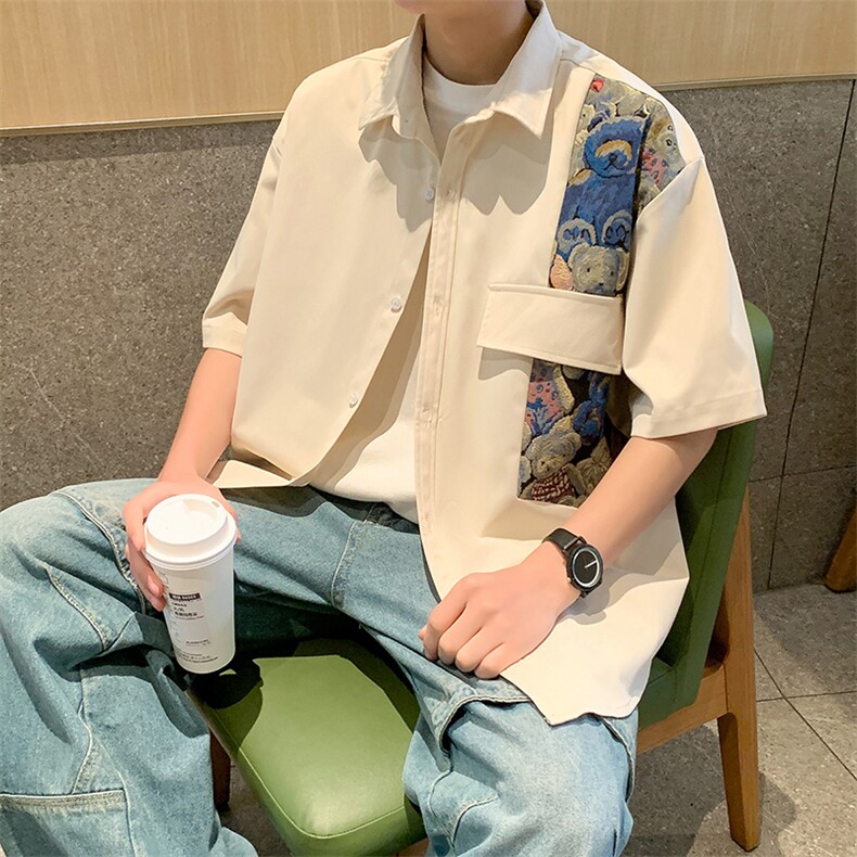 24年港风夏款工装小熊刺绣宽松短袖衬衫男CS105P45,男装衬衫,星座1204-3