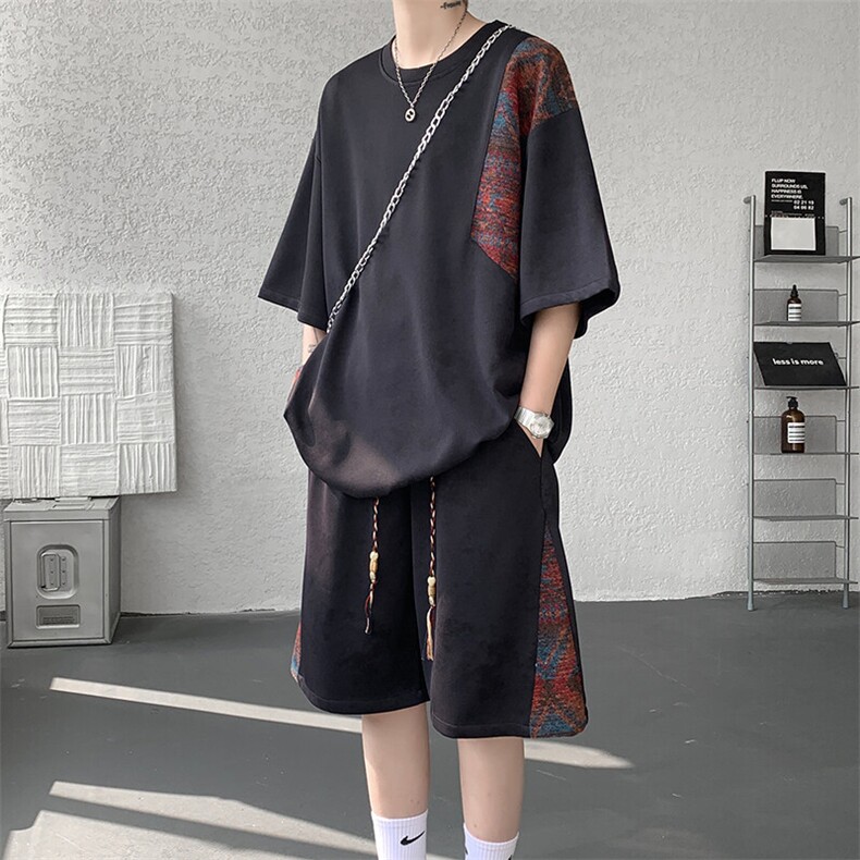 8XL-M民族风潮拼接休闲运动套装男夏季学生短袖短裤TZ38001P60图片