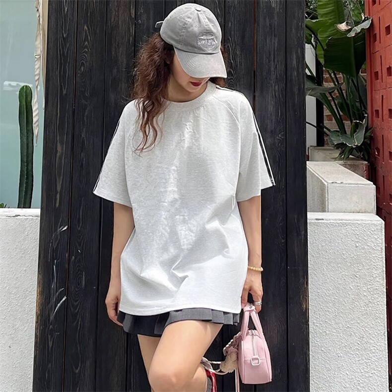 抖音得物品质二开240克宽松纯棉美式潮牌印花三条杠中性风短袖T恤,男装T恤,电商A486