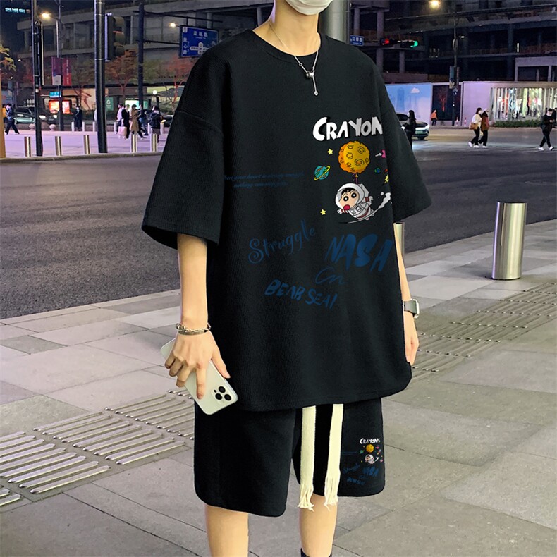 套装！夏季华夫格套装男T恤短裤男两件套大码港风TZ20-P50图片