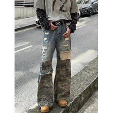 春秋季小众拼接迷彩破坏牛仔裤男复古小众拼接工装裤子NK1067，男装牛仔裤，星座1116A（原606A-3）