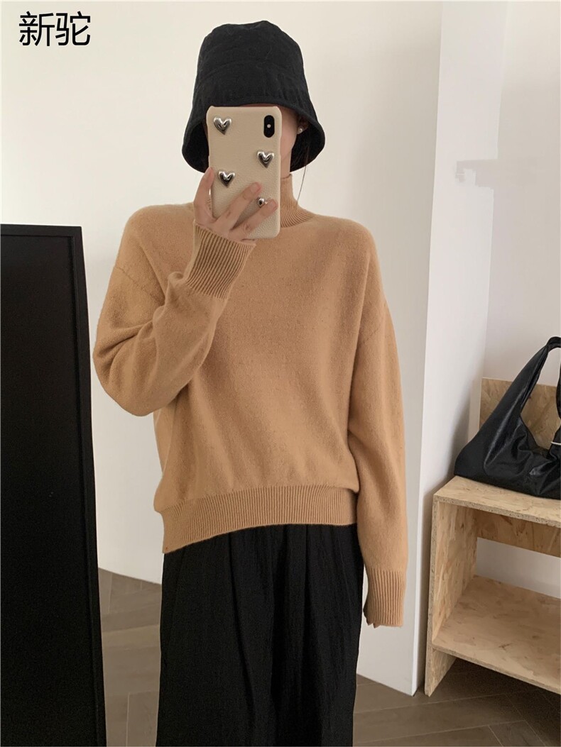 时尚百搭女士秋冬羊毛衫纯色简约高领长袖显瘦针织衫,女装羊毛衫,牧思羊