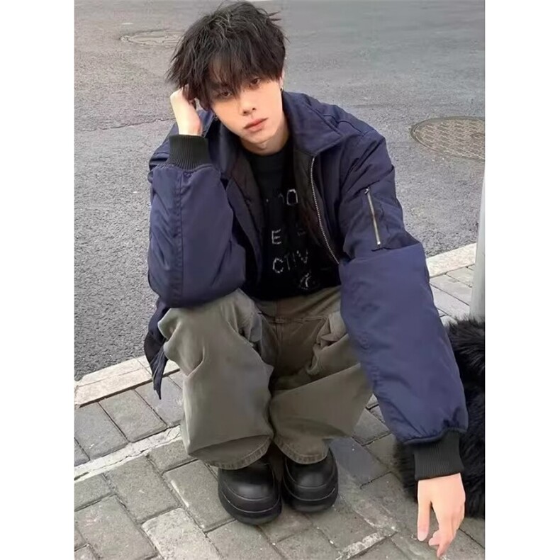 复古藏蓝色工装外套男款棉衣设计感高街棒球服飞行员夹克M8212,男装夹克,星座1116A（原606A-3）