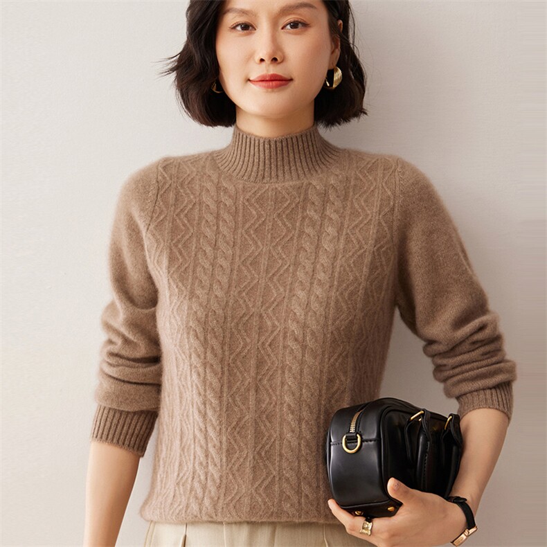 2025秋冬新款35%山羊绒女士7针双股花型半高领羊绒衫,女装羊绒衫,拓驰羊绒
