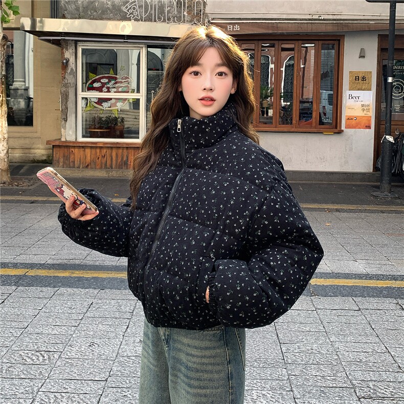 A572-P90田园风小碎花短款棉服新款立领保暖面包服外套,男装棉衣,星座911