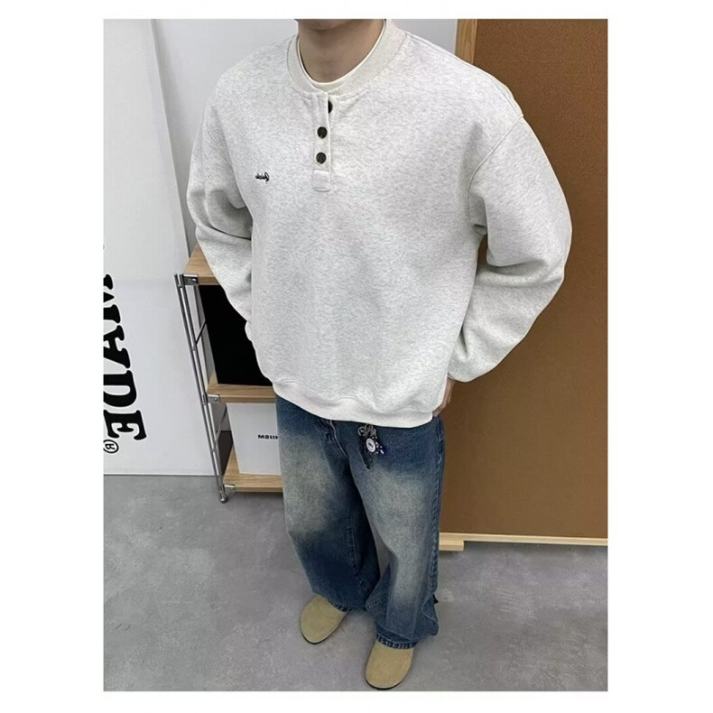 亨利领纽扣卫衣男生春秋季2025新款上衣内搭休闲宽松百搭WYW30，男装卫衣，星座516A