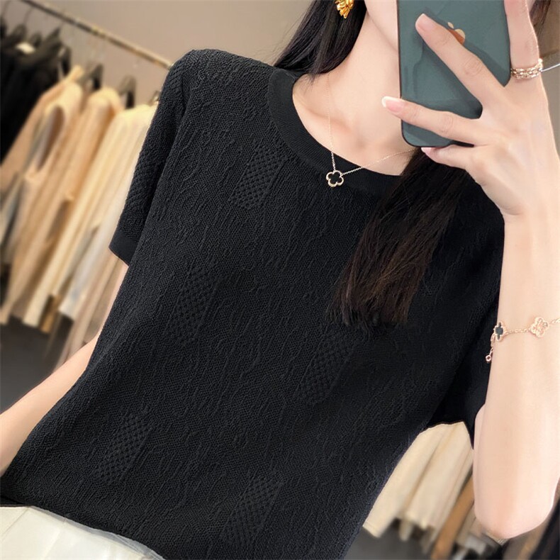 鄂尔多斯市夏季新款圆领桑蚕丝短袖Tt恤女宽松提花冰丝针织衫上衣,针织衫/毛衣,萱芳婷羊绒